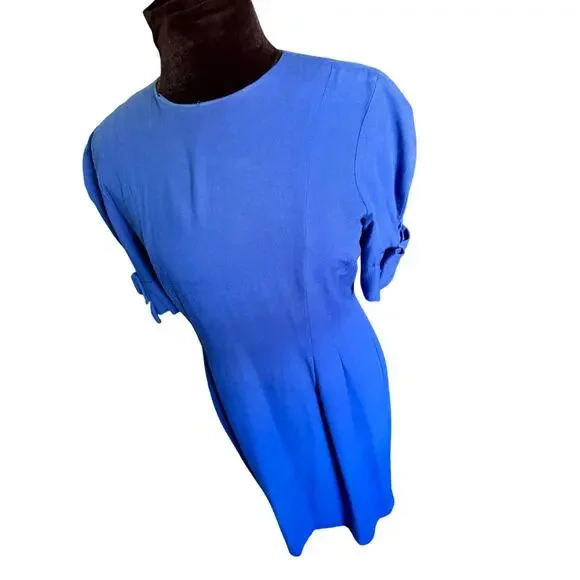 Vintage 70’s ILGWU Neiman Marcus Royal Blue Bow Sleeve Sheath Dress Small Medium - Picture 4 of 8
